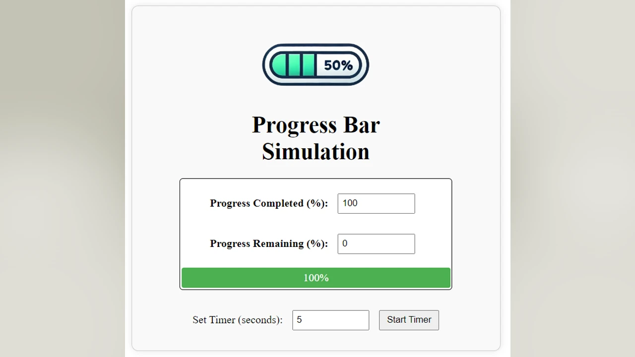 Progress bar simulator app in html css and javascript js
