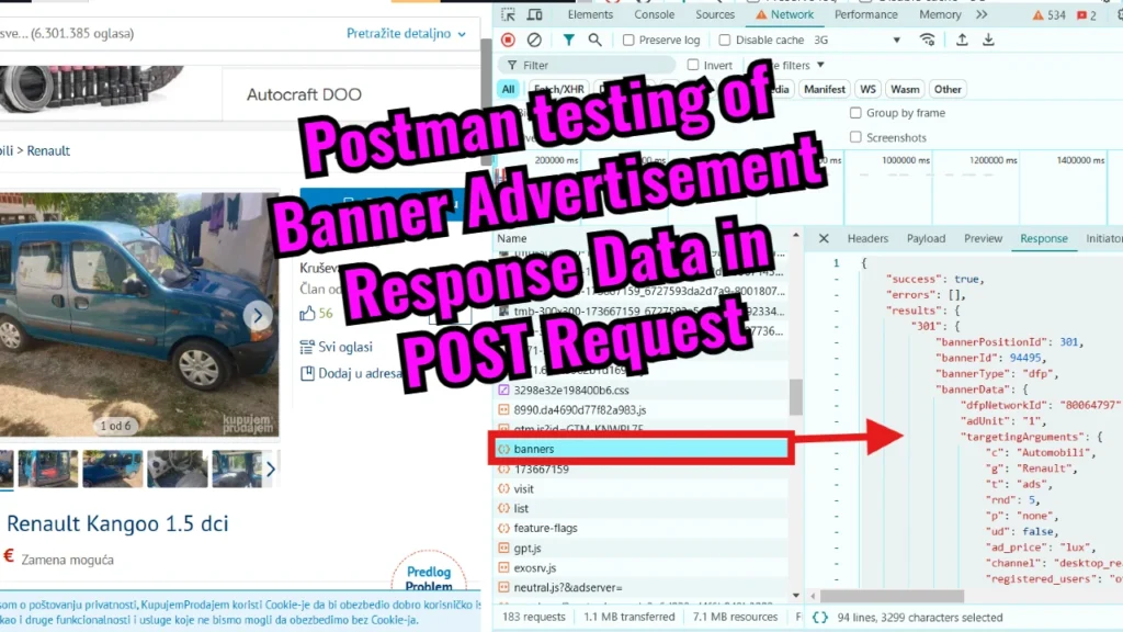 Postman testing of Banner Advertisement Response Data in POST Request