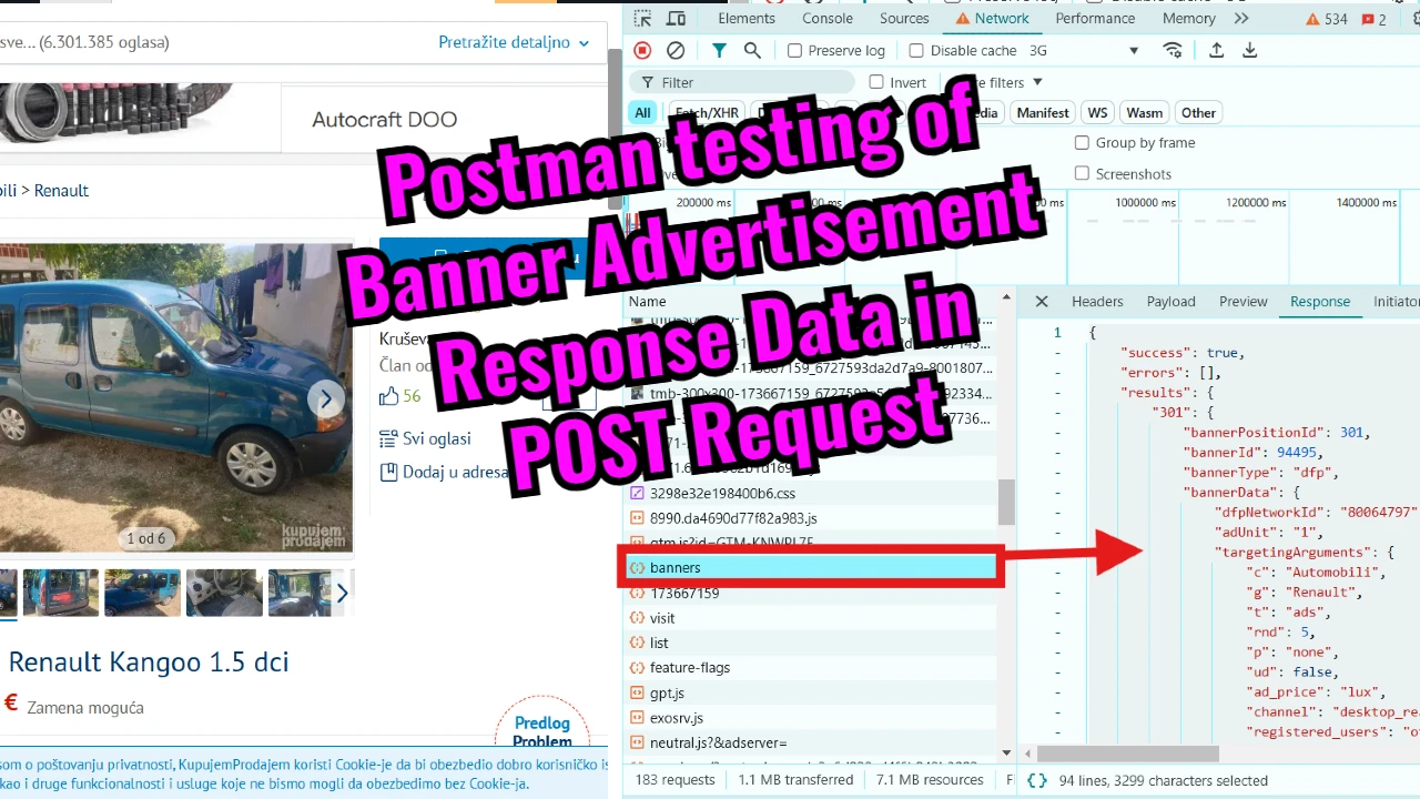 Postman testing of Banner Advertisement Response Data in POST Request