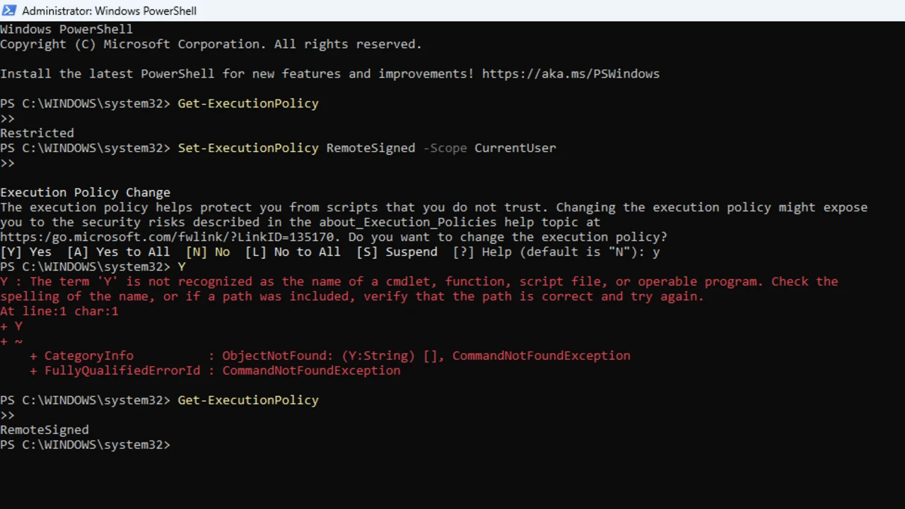 PowerShell's execution policy error example